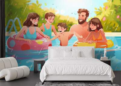 Happy Family Playing Together in a Swimming Pool - Enjoy a refreshing moment with this image of a happy family playing together in a swimming pool, perfect for illustrating summer fun and family Wall mural