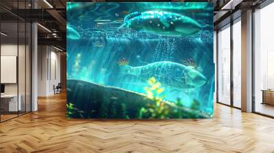 Holographic Aquarium: An aquarium featuring holographic sea creatures and underwater environments, providing a futuristic and immersive aquatic experience Wall mural