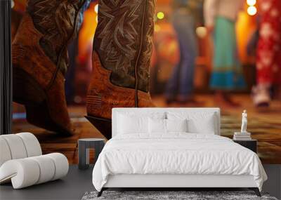 Honky-tonk is the clatter of cowboy boots on a dance floor: Picture a close-up of cowboy boots tapping and clattering on a honky-tonk dance floor, symbolizing the lively atmosphere of a country wester Wall mural