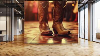 Honky-tonk is the clatter of cowboy boots on a dance floor: Picture a close-up of cowboy boots tapping and clattering on a honky-tonk dance floor, symbolizing the lively atmosphere of a country wester Wall mural