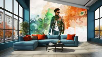 Indian Flag with a Bollywood Actor and a IT Professional - Visualize the Indian flag with a Bollywood actor representing India's film industry and an IT professional Wall mural