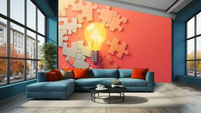 innovative solutions unveiled: a puzzle-themed graphic showcasing pieces coming together to reveal a bright lightbulb, symbolizing innovative solutions and creativity Wall mural