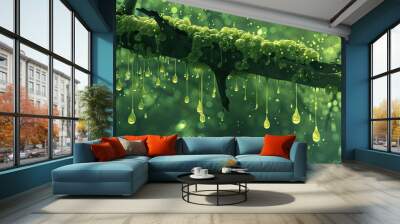 LSD infused droplets drip from a splintered branch, evoking a sense of wonder. Wall mural