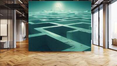 Lunar Labyrinth: An intricate maze of pathways, lit only by the moonlight, leading to an unknown destination. Wall mural