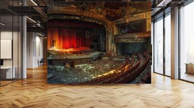 Mystery of the Abandoned Theater: A once grand theater, now silent and empty, with peeling paint and abandoned props. Wall mural