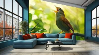 Nature's Symphony: A closeup of a bird perched on a branch, singing its melodious song amidst a lush forest backdrop. Wall mural