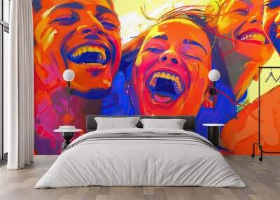 Neon orange drugs: A group of people laughing together, the joy and connection clear on their faces Wall mural