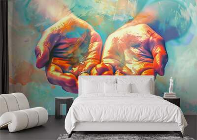 Offering: A close-up of hands offering a religious symbol or object, with pastel colors enhancing the significance and beauty of the gesture. Wall mural