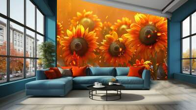 Orange & Yellow Sunflowers Swaying in Gentle Breeze Wall mural