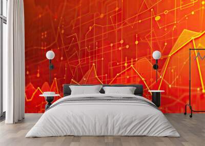 Orange and Red Market Graphs on Abstract Canvas: A series of orange and red lines and dots creating a market graph, perfect for financial or economic presentations. Wall mural