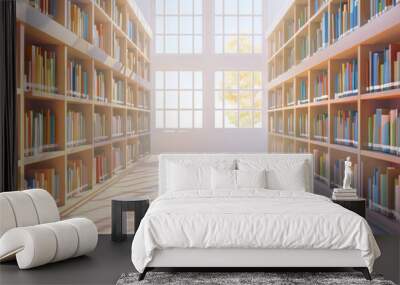 Quiet Quarters: A serene library background displays books neatly organized on shelves, inviting students to find inspiration and knowledge within its walls. Wall mural