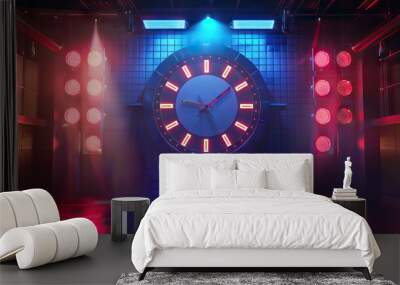 Quiz Show Set with a Big Countdown Clock and Flashing Lights. Concept of Time Pressure, Competition, and Entertainment Wall mural