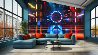 Quiz Show Set with a Big Countdown Clock and Flashing Lights. Concept of Time Pressure, Competition, and Entertainment Wall mural