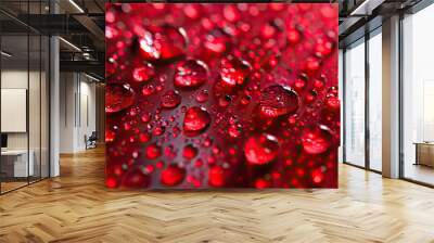 Ruby Raindrops Macro Background. A striking close-up of crimson red raindrops on a windowpane, with glistening surfaces and vibrant colors, capturing the beauty of a rainy day. Wall mural