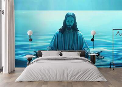 Serene Blue Jesus: A Sea of Calm in Abstract Christian Art Wall mural