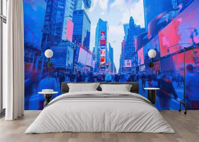 Sky Blue Amphetamine: A bustling city street, filled with movement and energy. Wall mural