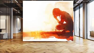 Solace in Prayer: The Kneeling Figure and Comforting Light - Visualize a person kneeling in prayer, with a comforting light shining down, illustrating the solace and comfort that religion can bring Wall mural