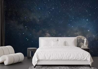 Starry Night Sky: A nighttime sky-themed wallpaper with twinkling stars and a full moon casts a cozy glow over the room. Wall mural