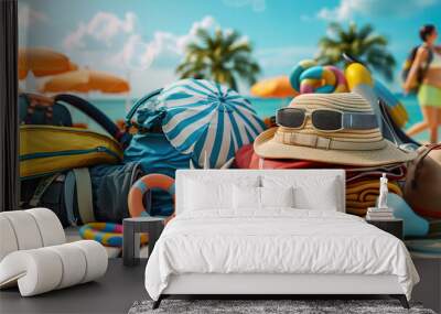 Summer Send-Off Sale: An image depicting travel essentials, outdoor gear, and beachwear arranged in a vacation-themed setting Wall mural