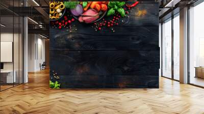 Table scene with a selection of delicious foods. Top view over a dark wood banner background . Modern cover header background banner with space for text, top view Cover ads banner, flyer, Blank Wall mural