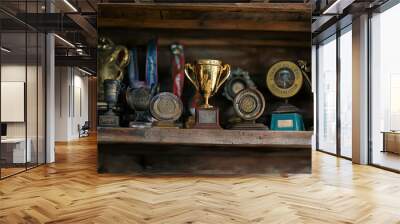 Tarnished Trophy: A dusty shelf, adorned with faded awards and ribbons, their golden hues dimmed by age and neglect. Wall mural