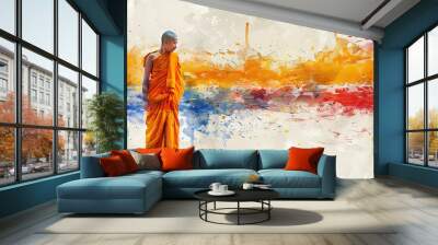 Thai Flag with a Buddhist Monk and a Tour Guide - Visualize the Thai flag with a Buddhist monk representing Thailand's predominant religion and culture, and a tour guide Wall mural