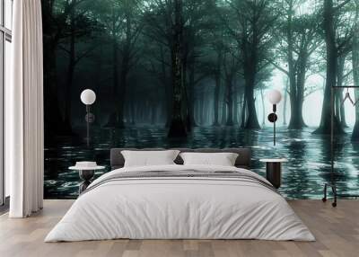 The Desolate Swamp: A murky, mist-shrouded swamp, home to unknown creatures lurking beneath the surface. Wall mural