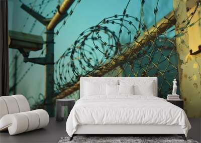 The Eroding Freedom: Barbed wire fences, surveillance cameras, and a locked gate. Wall mural