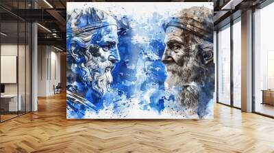 The Greek Flag with an Ancient Greek Philosopher and a Fisherman - Visualize the Greek flag with an ancient Greek philosopher representing Greece's philosophical heritage and a fisherman symbolizing t Wall mural