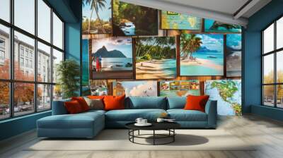 Travel Agent's Wall: Covered in travel destination photos, tour packages, and a board with travel itineraries Wall mural