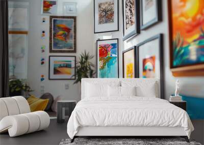 Trendy Painting Corner: The room also has a section dedicated to displaying artwork, with a gallery wall showcasing various paintings and prints in eclectic frames Wall mural