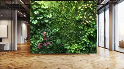 Vertical Gardens: A lush and green oasis amidst the urban jungle, depicting a wall covered in vines, flowers, and other plants thriving in the concrete city. Wall mural