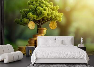 Wealth Growth: Visualize the concept of wealth and passive income with a money tree made of stacked gold dollar coins, symbolizing financial stability and business success Wall mural