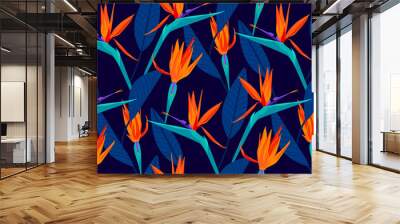 Bird of paradise tropical strelitzia floral seamless pattern with trends fashion colors. Pantone color of the year 2020, lush lava, aqua menthe and phantom blue Wall mural