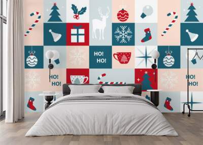 Christmas holiday icon elements with geometric seamless pattern design. Modern bauhaus style Christmas and Happy New Year decoration red, white, blue and pink color background Wall mural