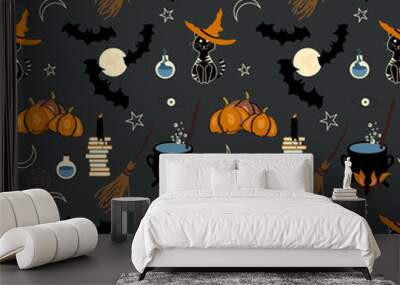 Halloween seamless pattern, background design with witch craft icons broom, cauldron, magic books, potions, pumpkins. candle, and cute cat Wall mural