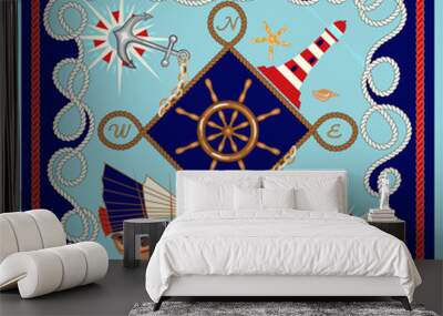 Nautical frame, travel concept pattern. Silk scarf design with, rope, ship wheel, lighthouse, anchor, marine elements, symbols Wall mural