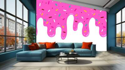 Pink ice cream melted with colorful cute candy sprinkles long border, banner seamless pattern, vector white background Wall mural