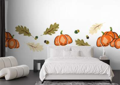 Pumpkin autumn seamless horizontal pattern with leaves, Thanksgiving, harvest or Halloween seasonal vector background design Wall mural