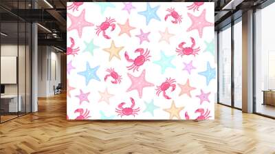 Red crabs with colorful starfish, undersea, marine life creatures seamless pattern design. Coastal life on white background Wall mural