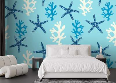 Seamless pattern with coral reef  and starfish. Underwater background. Wall mural