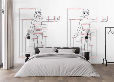 A child's body size chart. Measurements for tailoring clothes. Children anatomy. A measure of a kid. A girl, a boy standing in a full length with one arm spread out. A vector contour illustration. Wall mural