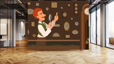 An elegant watchmaker holding a wristwatch, evaluates them through a magnifying glass, smiling.  Wall mural