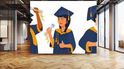 Happy students celebrating graduation, diploma. People graduated. Graduate celebration ceremony. A student holds a paper scroll. A vector cartoon illustration. Wall mural