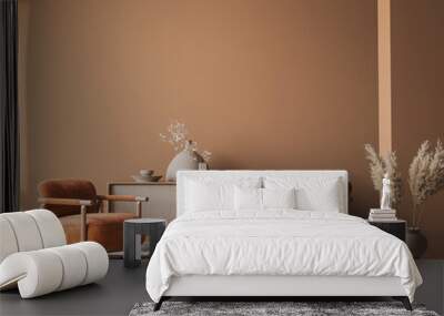 Cozy home interior with wooden furniture on brown background, empty wall mockup in boho decoration, 3d render Wall mural