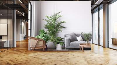 farmhouse interior living room, empty wall mockup in white room with gray sofa, wooden furniture and Wall mural