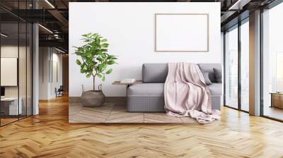 Grey comfortable couch and a rattan pot in white template interior mock up, Single A3 wood frame poster, stylish home photo, 3D rendering, illustration Wall mural