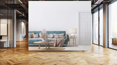 Home interior mock-up with blue sofa, wooden table and decor in white living room, panorama, 3d render Wall mural