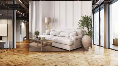 Home interior with Scandinavian decoration style, bright living room and neutral wooden furniture, 3d render Wall mural