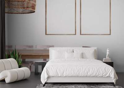 Interior frame mockup of wooden dining room, two vertical frames on white background with wooden table and rattan ceiling lamp Wall mural